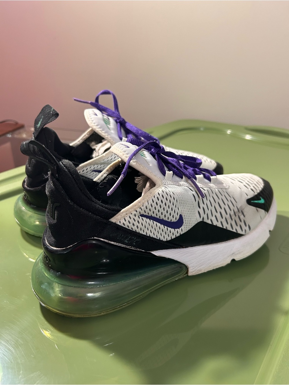 Nike White Black Sneakers with Purple Laces and Green Air Max